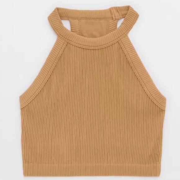 aerie Superchill Seamless High Neck Bra Top, Color Beach Dune, Size XS - Picture 1 of 3